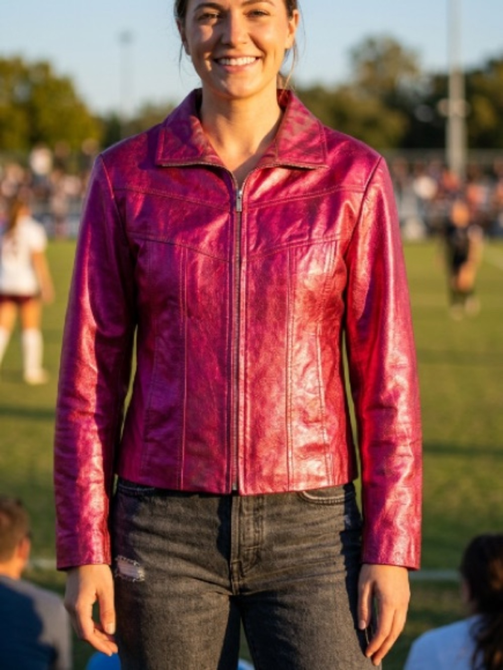 Wilson Leather Maxima Metallic Fuchsia Zip-Up Leather Jacket Sz M Women Flaw